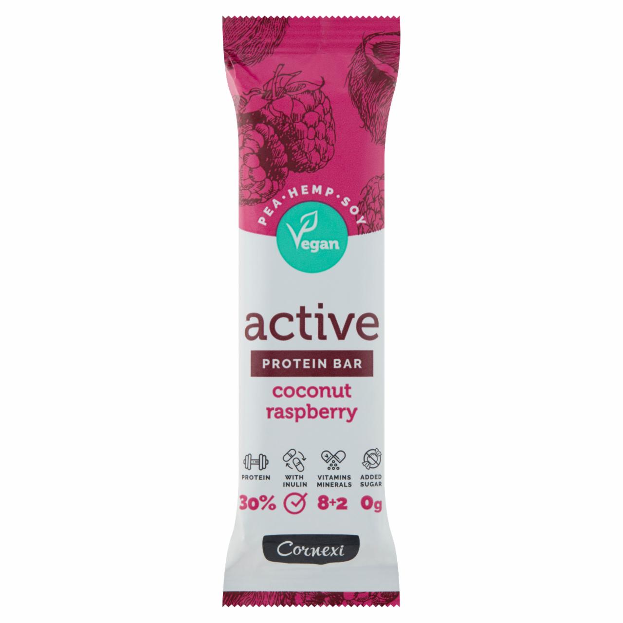 Képek - Cornexi Active kókuszos-málnás fehérjeszelet vitaminokkal és ásványi anyagokkal 45 g