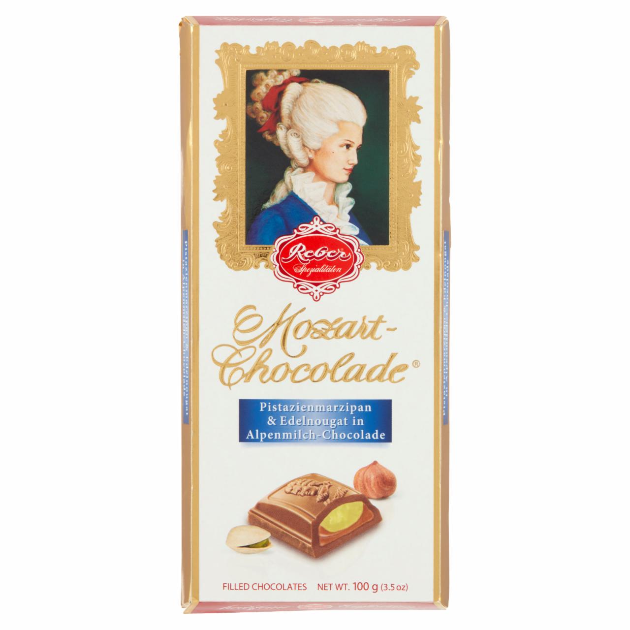 Képek - Reber Mozart mogyoró-nugát és pisztácia marcipánnal töltött táblás tejcsokoládé 100 g