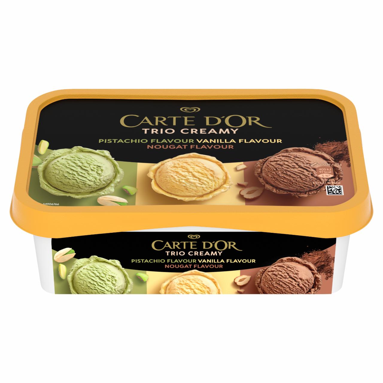 Képek - Carte D'Or Trio Creamy pisztácia jégkrém, vanília ízű jégkrém és mogyorónugát ízű jégkrém 1000 ml
