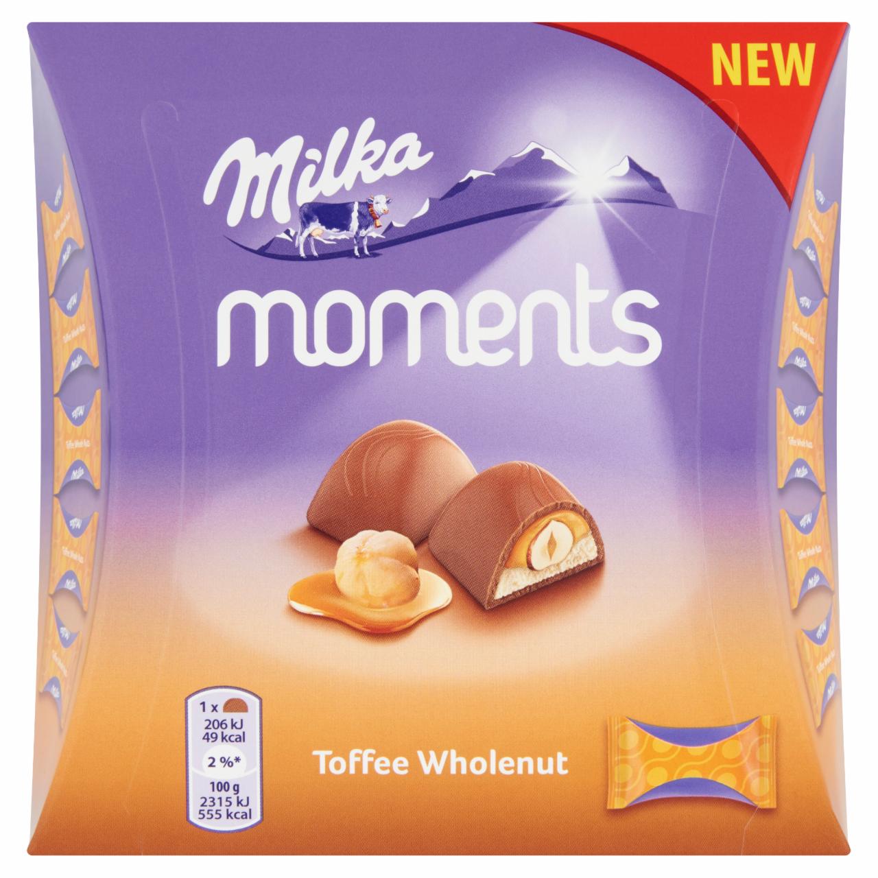 Képek - Milka Moments alpesi tejcsokoládé karamellízű töltelékkel és egész mogyoróval 11 db 97 g