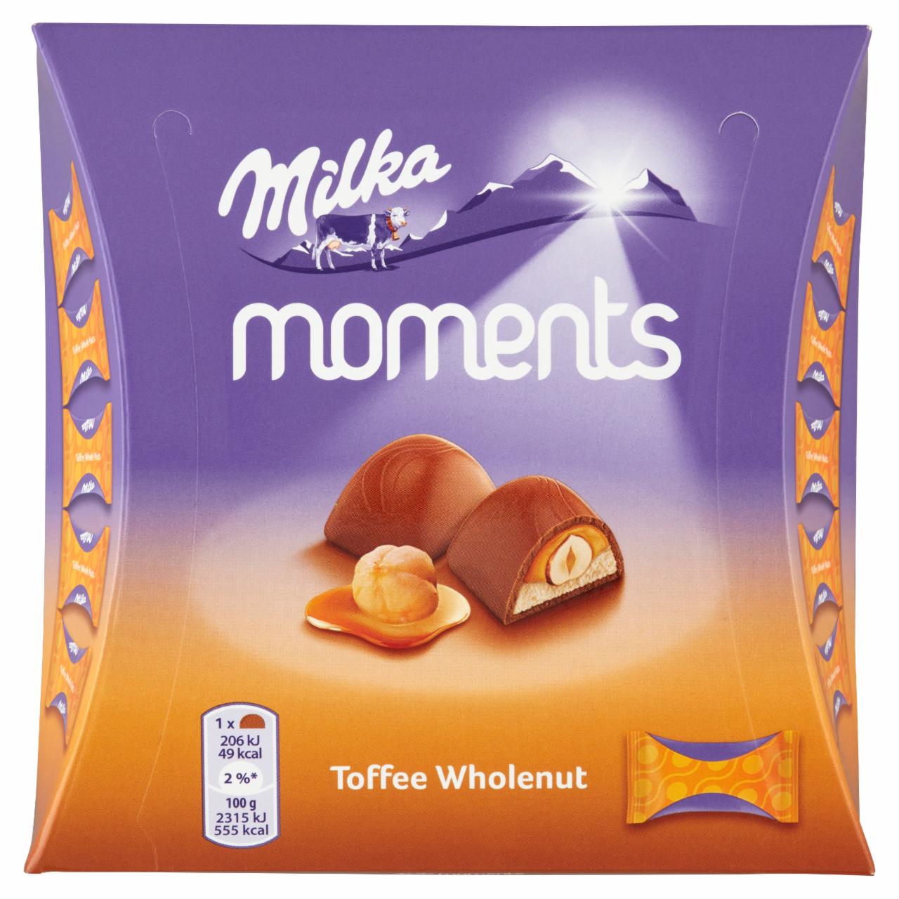 Képek - Milka Moments alpesi tejcsokoládé karamellízű töltelékkel és egész mogyoróval 11 db 97 g