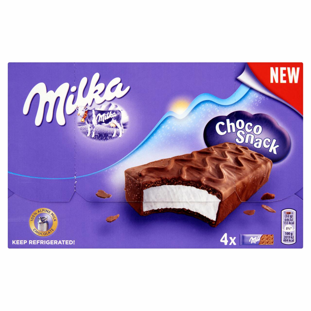 Képek - Milka Choco Snack tejes krémmel töltött sütemény alpesi tejcsokoládéval 4 x 32 g (128 g)