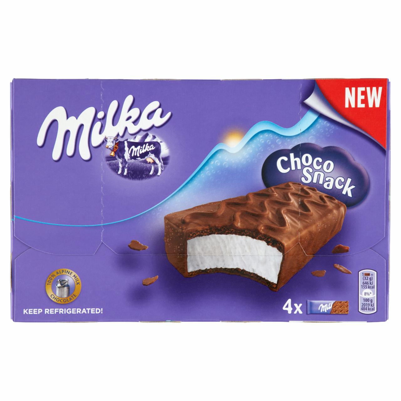 Képek - Milka Choco Snack tejes krémmel töltött sütemény alpesi tejcsokoládéval 4 x 32 g (128 g)