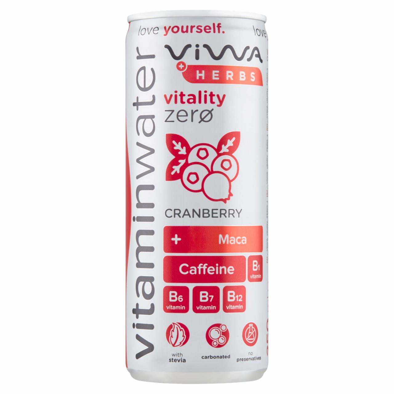 Képek - Viwa Vitaminwater Vitality Zero + Herbs vörös áfonya ízű energiamentes, szénsavas üdítőital 250 ml