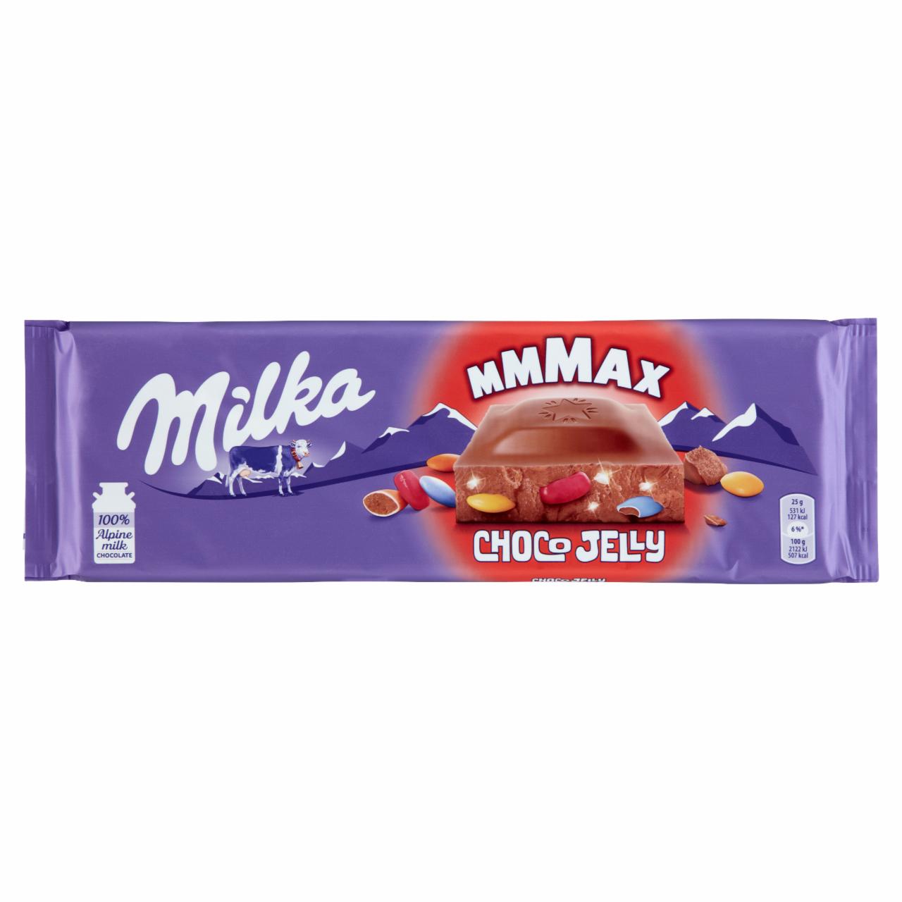 Képek - Milka Mmmax alpesi tejcsokoládé meggyes zselédarabkákkal, cukordrazséval és robbanócukorkával 250 g