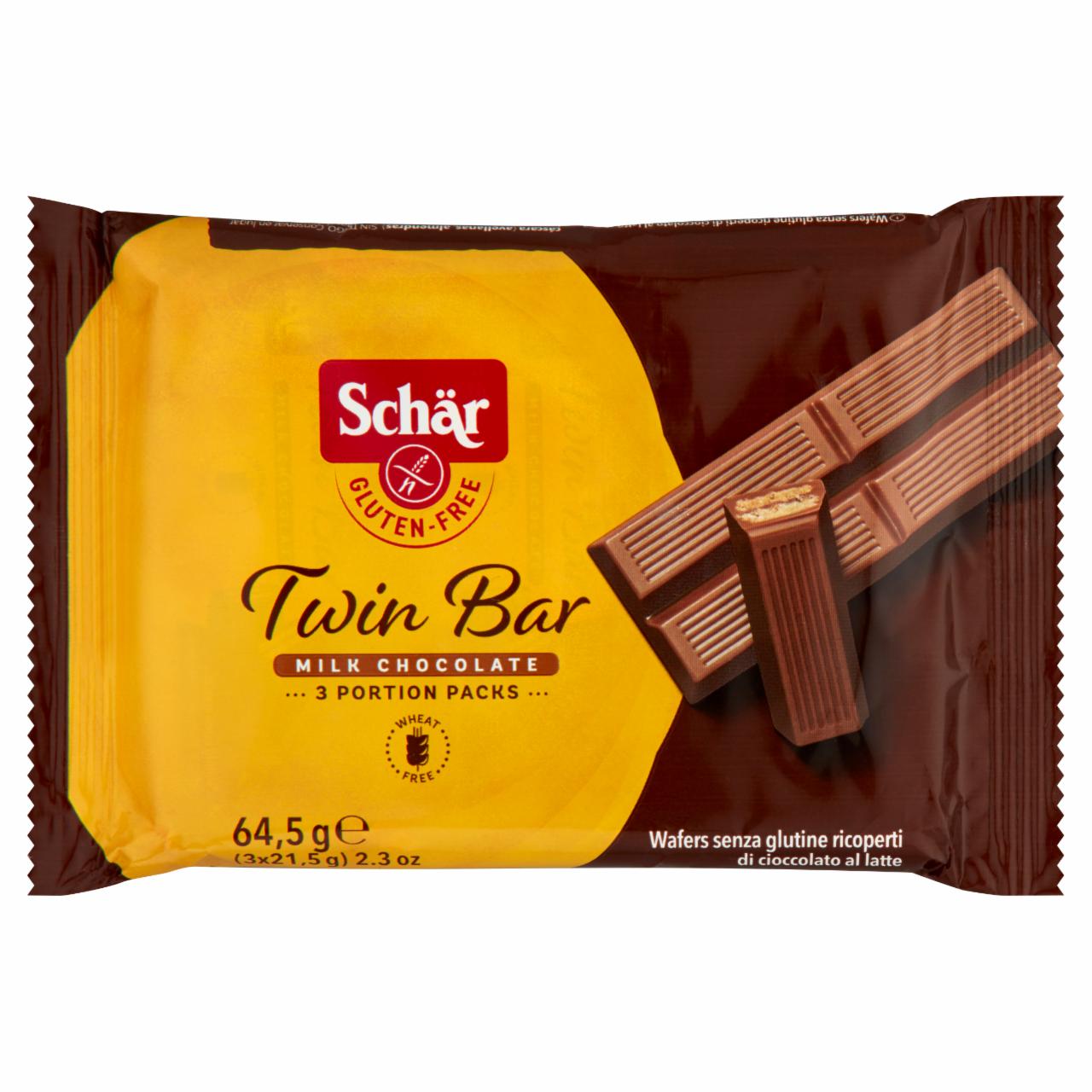 Képek - Schär Twin Bar gluténmentes tejcsokoládéval bevont ropogós ostya 3 x 21,5 g (64,5 g)