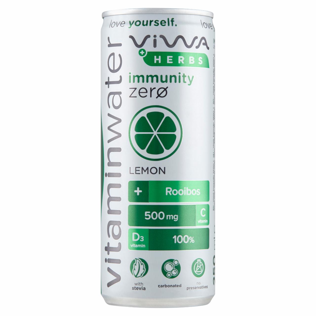 Képek - Viwa Vitaminwater Immunity Zero + Herbs citromos, energiamentes, szénsavas üdítőital 250 ml