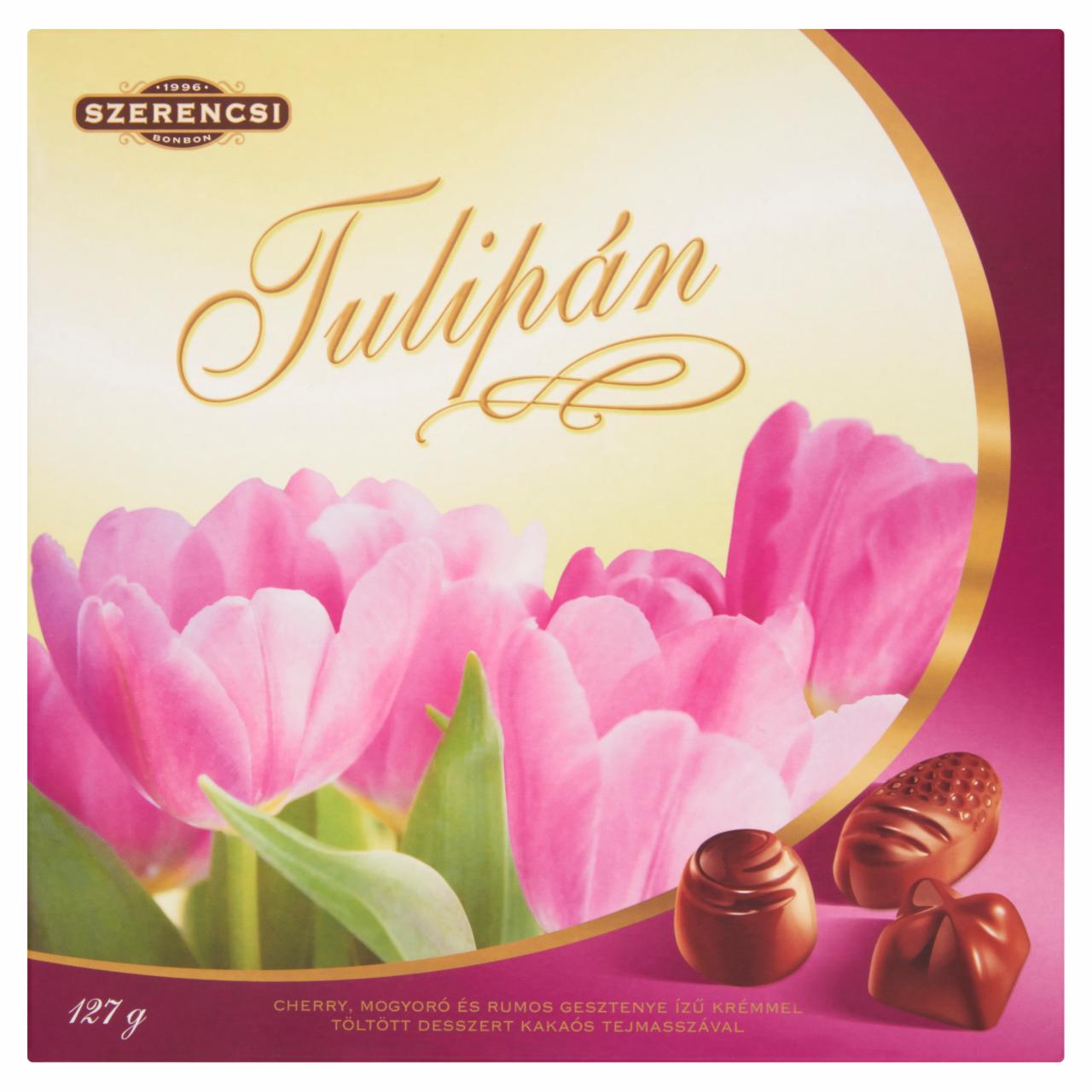 Képek - Szerencsi Tulipán cherry-mogyoró-rumos gesztenye ízű krémmel töltött desszert kakaós masszával 127 g
