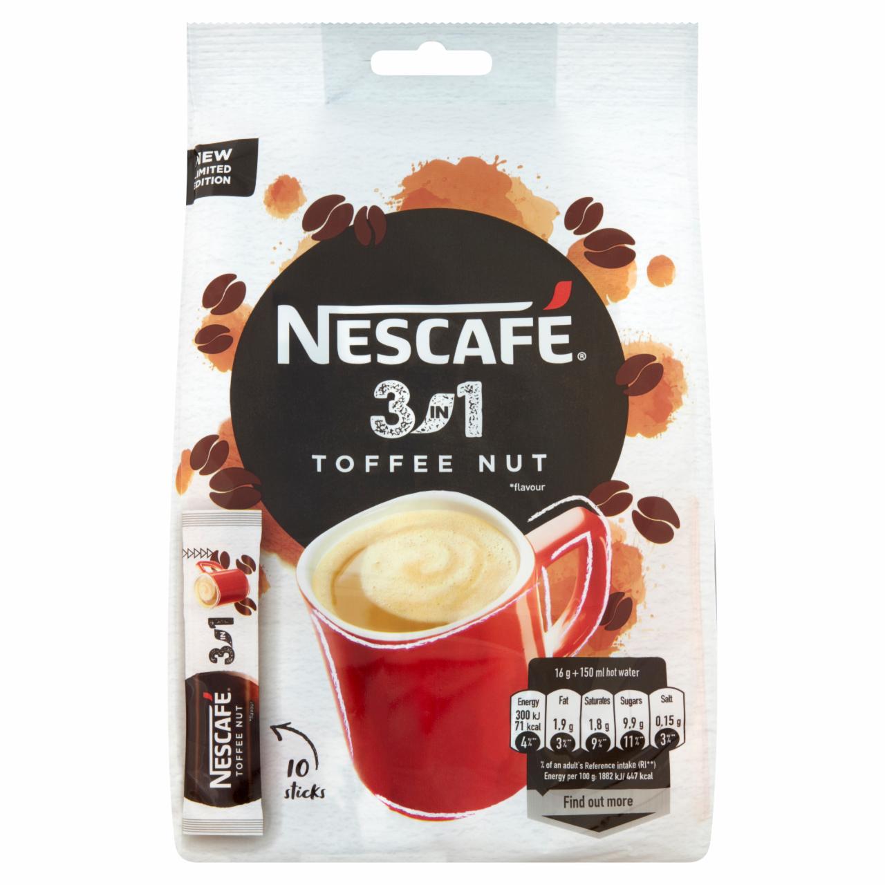 Képek - Nescafé 3in1 Toffee Nut karamellás mogyoró ízű azonnal oldódó kávéspecialitás 10 x 16 g (160 g)