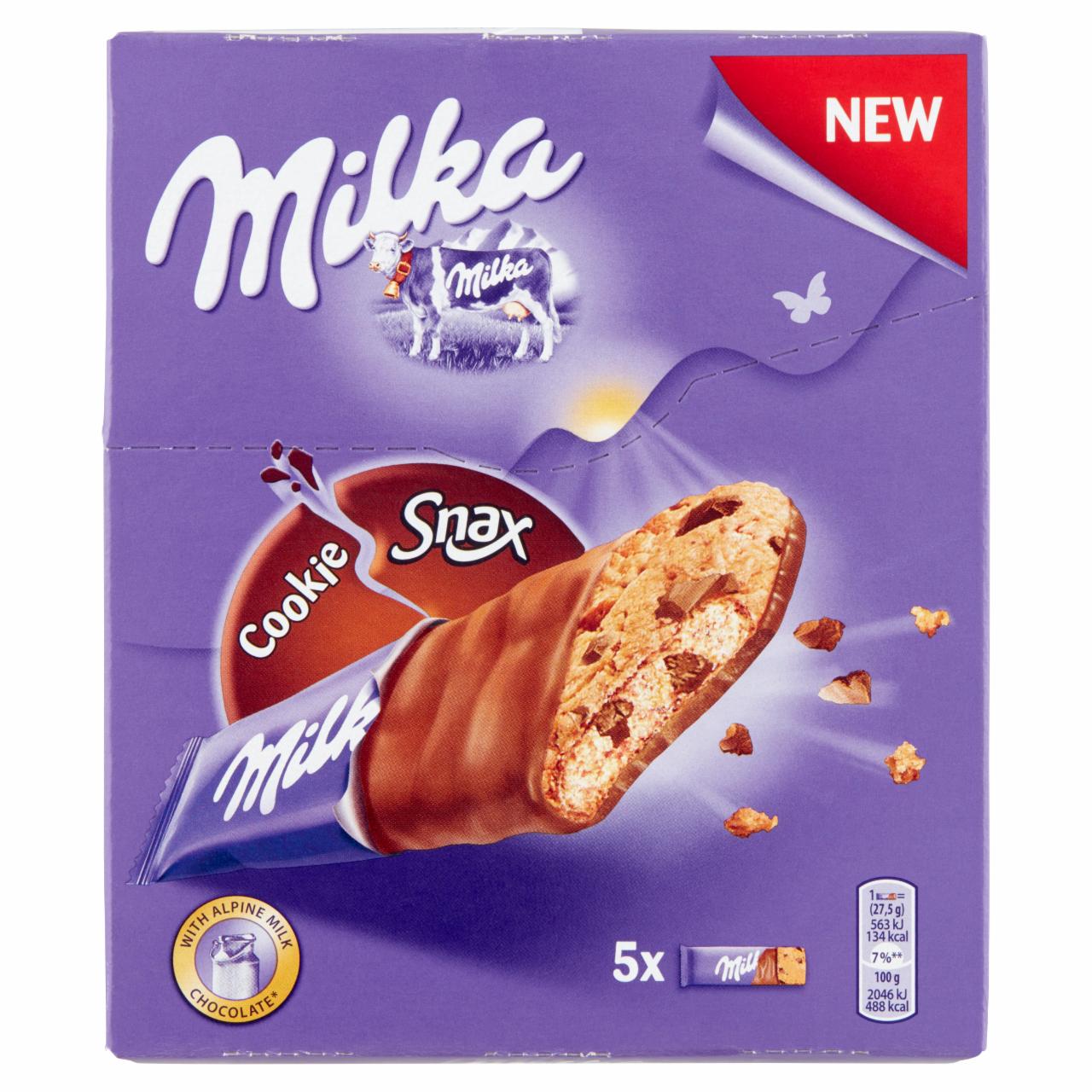 Képek - Milka Cookie Snax keksz csokoládé darabokkal, tejcsokoládéval részben mártva 5 x 27,5 g (137,5 g)