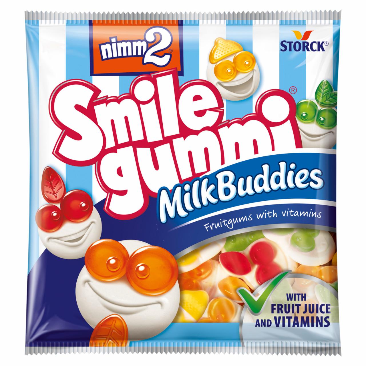 Képek - nimm2 Smilegummi Milk Buddies vegyes gyümölcs ízű gumicukorka vitaminokkal 90 g
