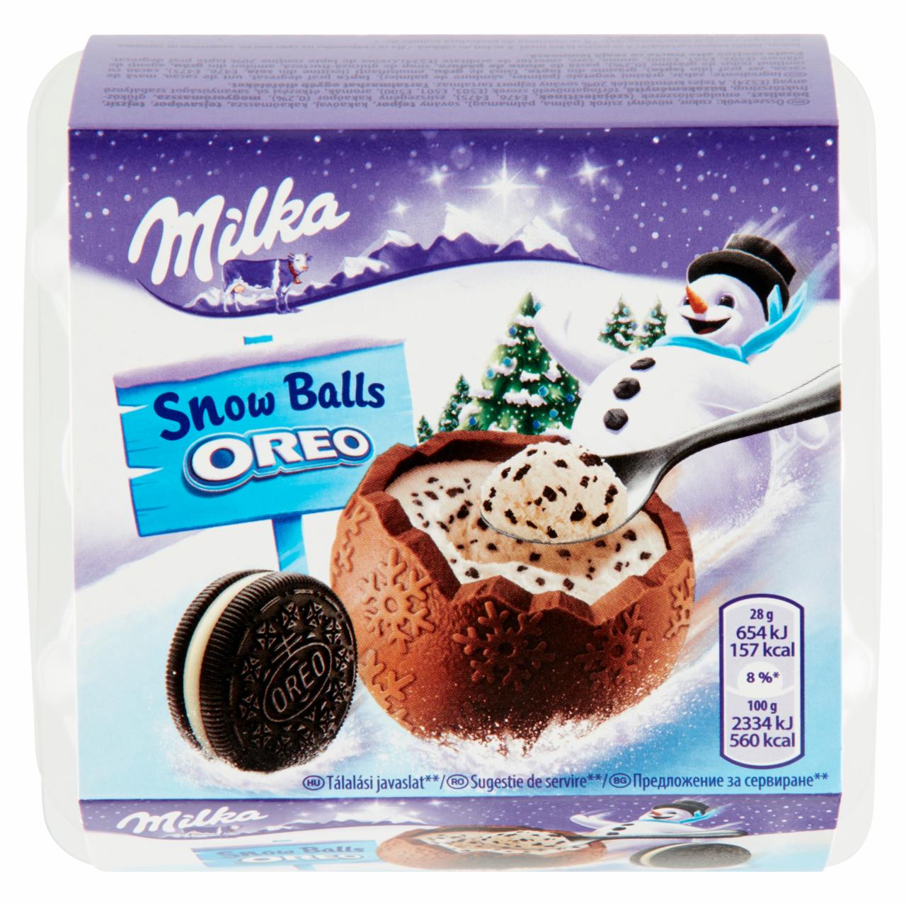 Képek - Milka Snow Ball Oreo alpesi tejcsokoládé kakaós kekszdarabkákkal 4 x 28 g (112 g)