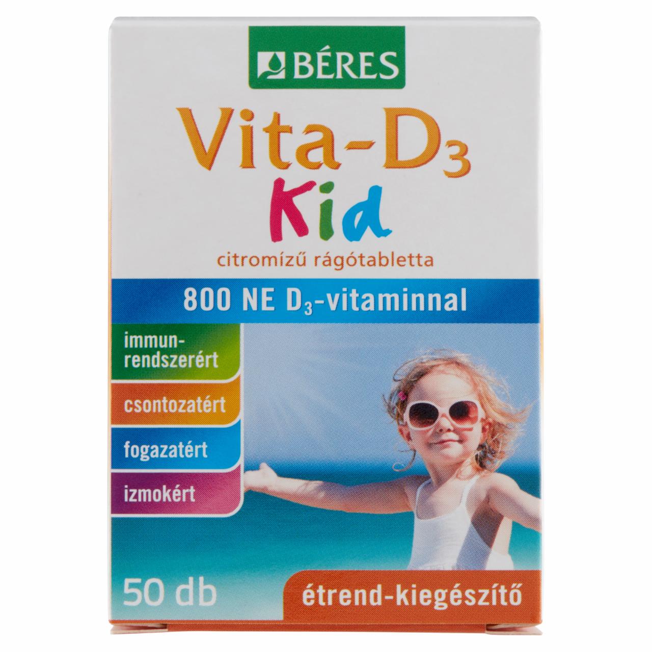 Képek - Béres Vita-D3 Kid 800 NE citrom ízű étrend-kiegészítő rágótabletta D3-vitaminnal 50 x 0,54 g (27 g)