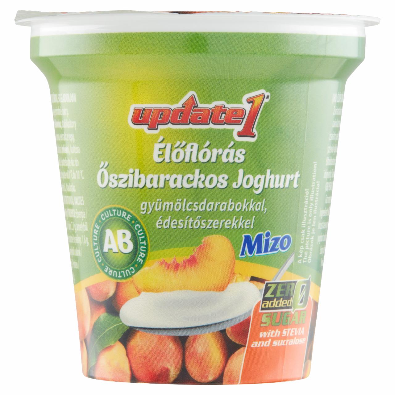 Képek - Update 1 élőflórás őszibarackos joghurt gyümölcsdarabokkal, édesítőszerekkel Mizo