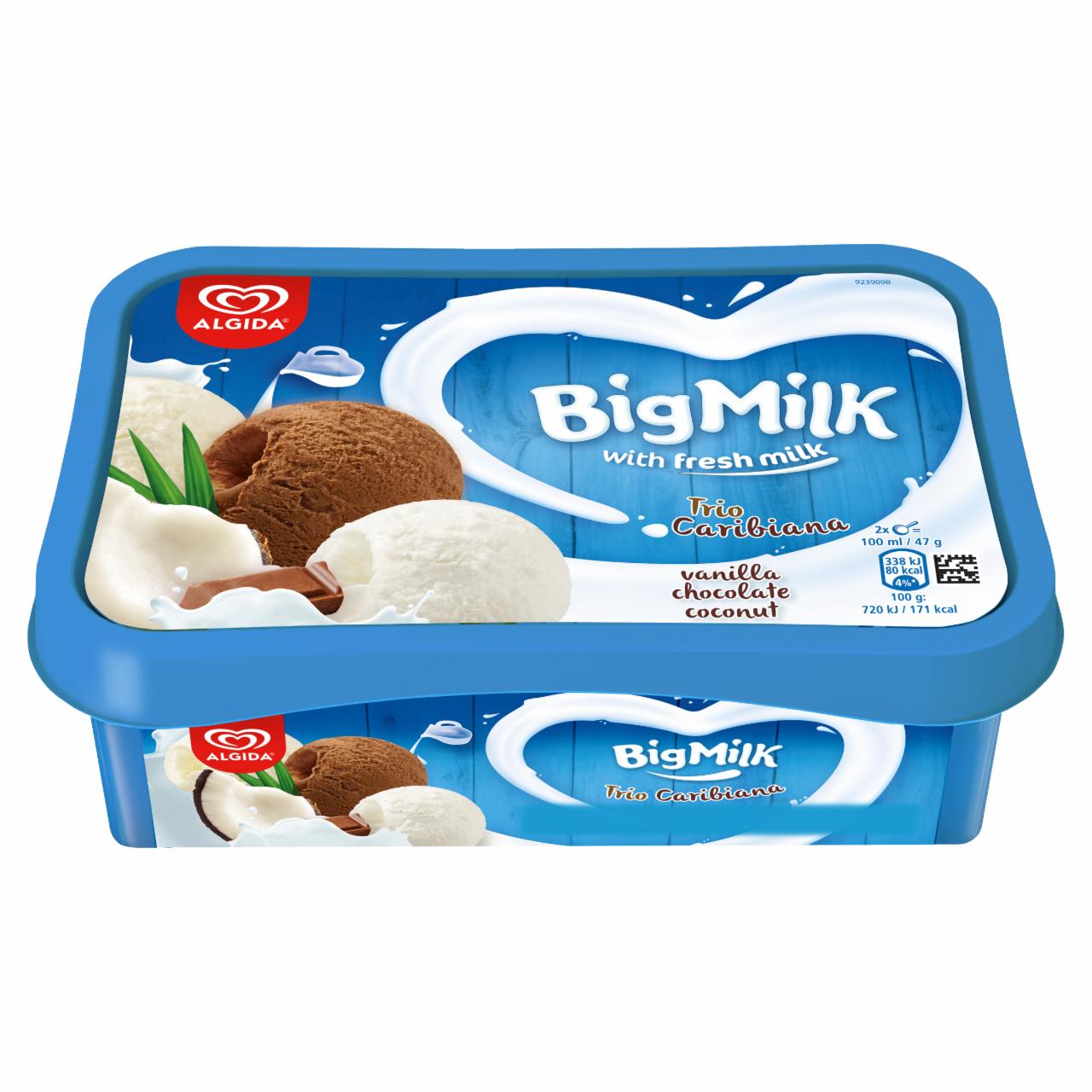 Képek - Big Milk vanília-tejszín ízű jégkrém, csokoládés jégkrém és kókusz ízű jégkrém 1000 ml