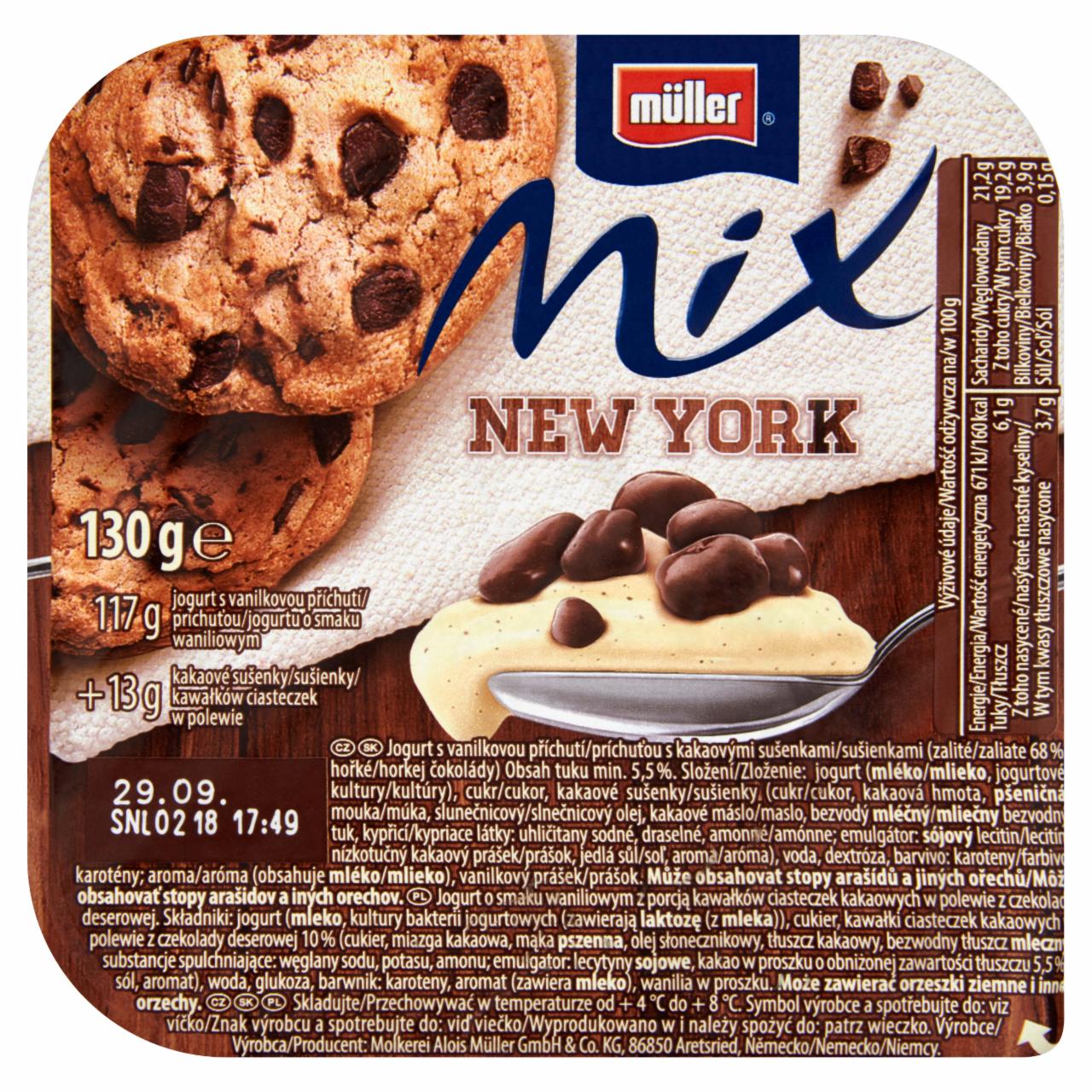 Képek - Müller Mix New York vanília ízű joghurt étcsokoládéval bevont kakaós kekszdarabokkal 130 g