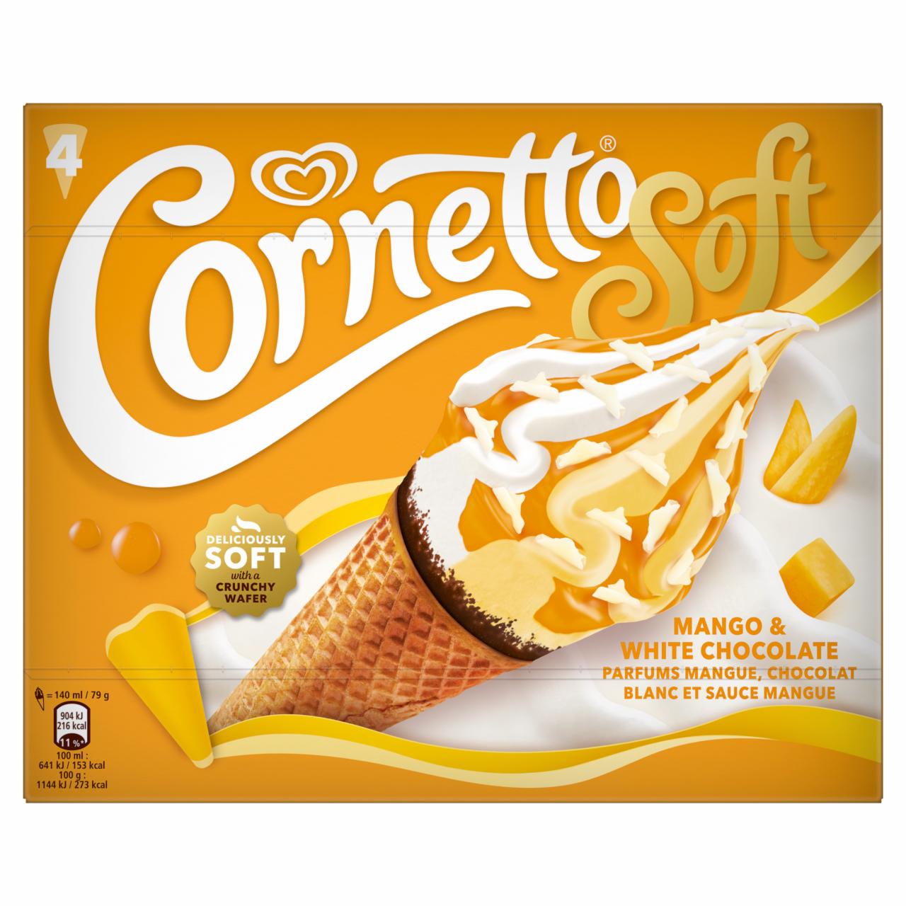 Képek - Cornetto Soft fehér csokoládé ízű jégkrém és mangó ízű jégkrém ostyatölcsérben 4 x 140 ml (560 ml)