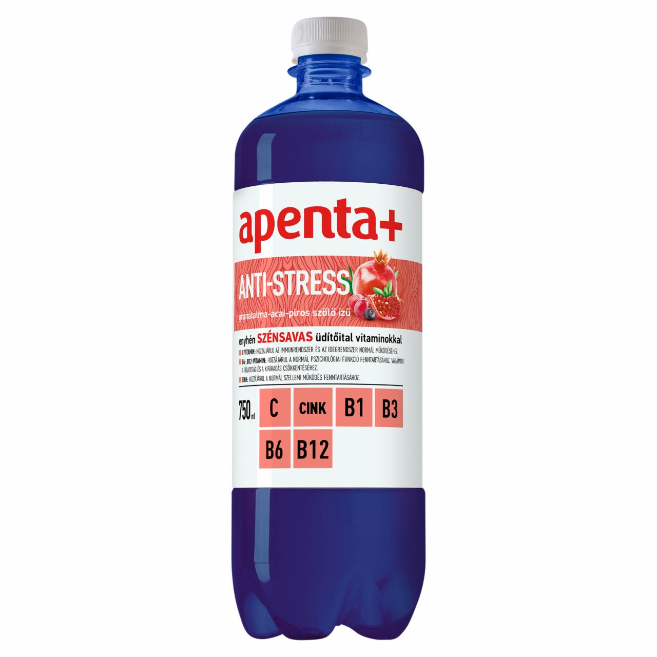 Képek - Apenta+ Anti-Stress gránátalma-acai-piros szőlő ízű, enyhén szénsavas üdítőital 750 ml