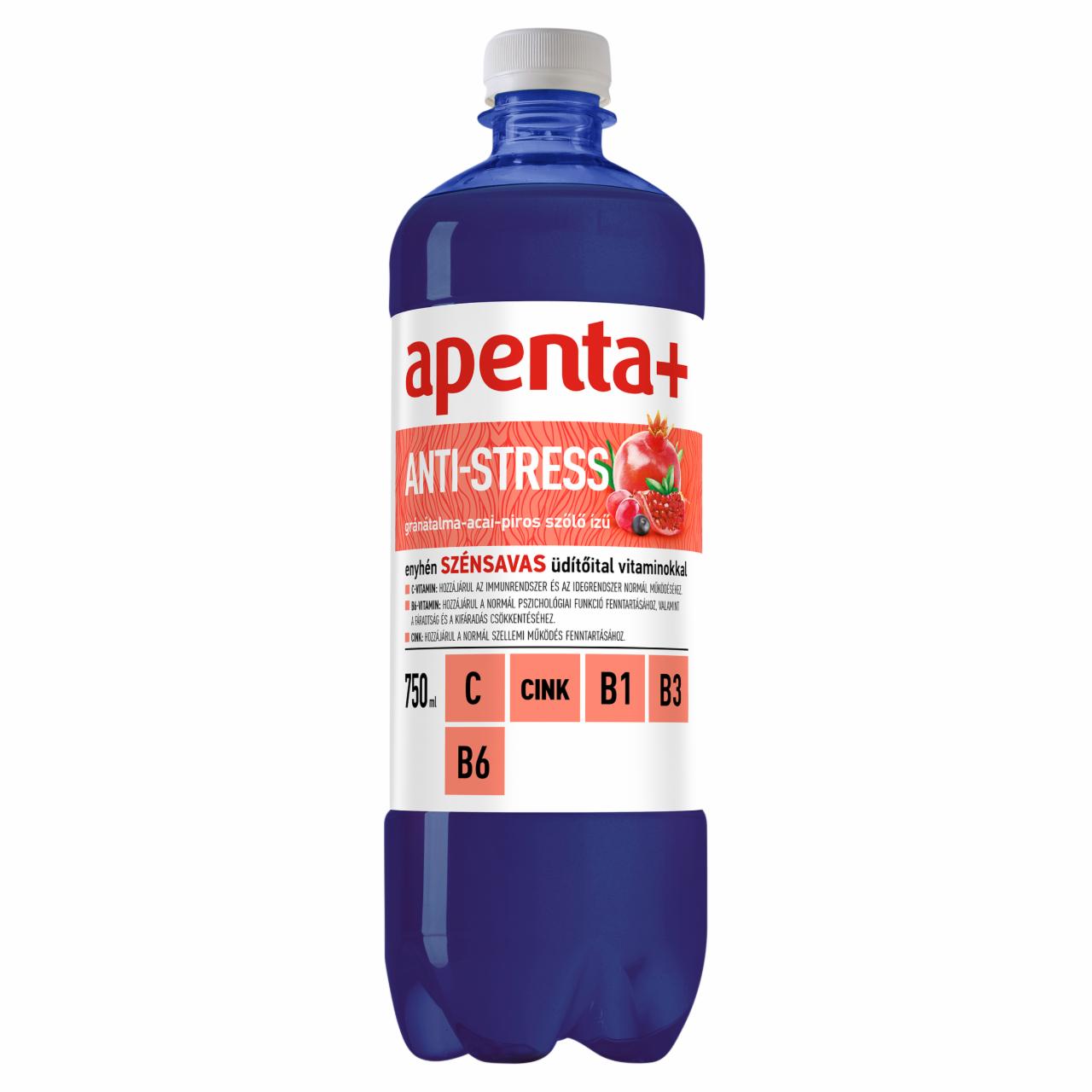 Képek - Apenta+ Anti-Stress gránátalma-acai-piros szőlő ízű, enyhén szénsavas üdítőital 750 ml