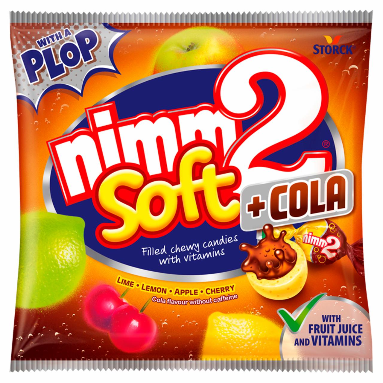 Képek - nimm2 Soft + Cola koffeinmentes gyümölcsös töltött cukorka vitaminokkal és kóla ízesítéssel 90 g