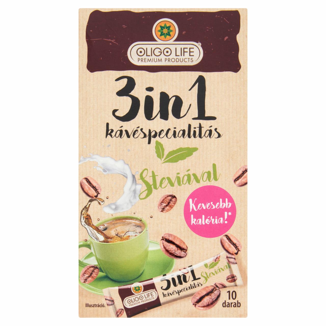 Képek - Oligo Life 3in1 azonnal oldódó kávéspecialitás cukorral és steviával 10 x 10 g (100 g)
