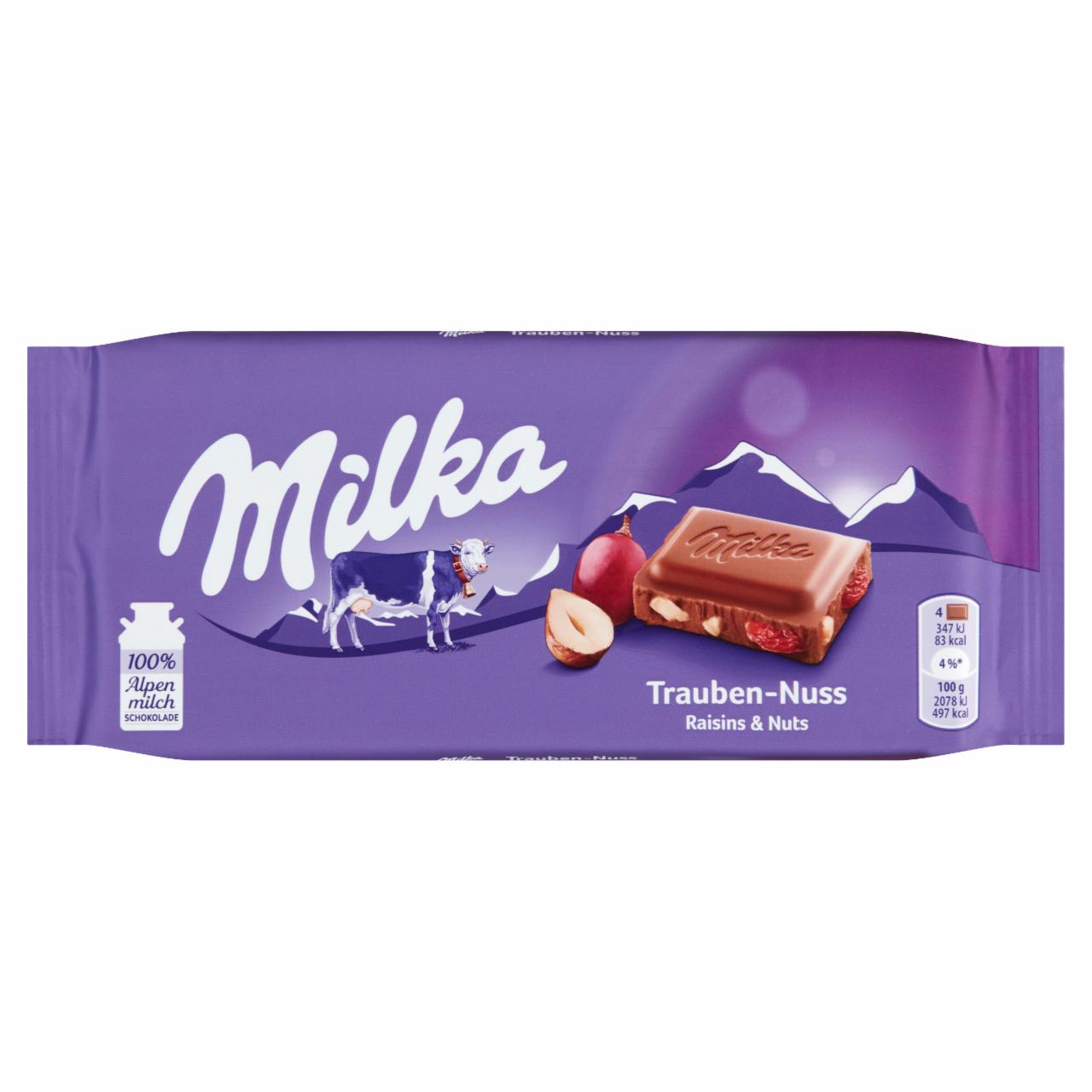 Képek - Milka alpesi tejcsokoládé mazsolával és mogyoródarabokkal 100 g