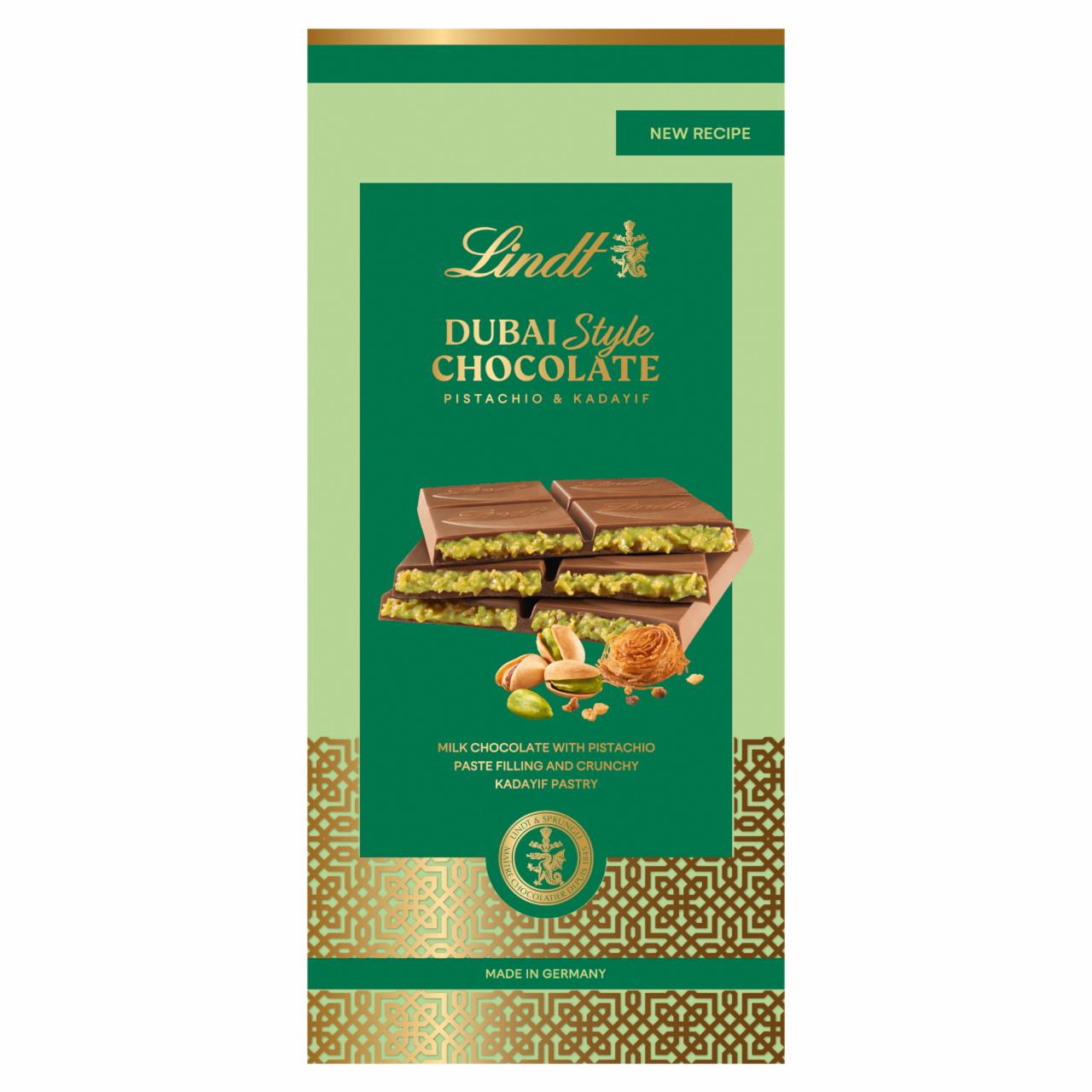 Képek - Lindt Dubai Style tejcsokoládé, pisztáciás és ropogós, pirított Kadayif tésztás töltelékkel 145 g