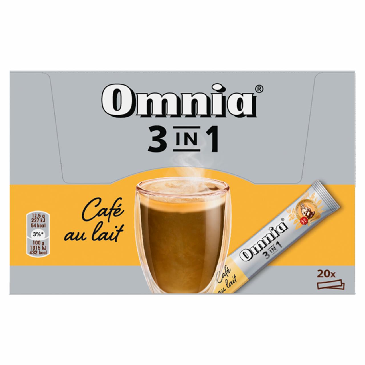 Képek - Omnia 3 in 1 azonnal oldódó kávéitalpor cukorral és sovány tejporral 20 x 12,5 g (250 g)