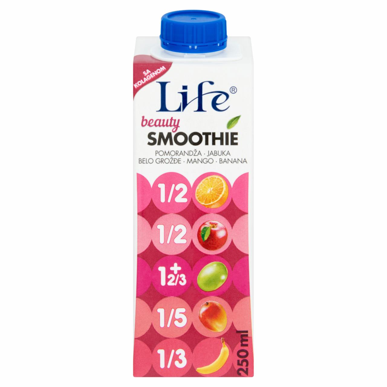 Képek - Life Beauty Smoothie narancs, alma, szőlő, mangó és banán ital hozzáadott kollagénnel 250 ml