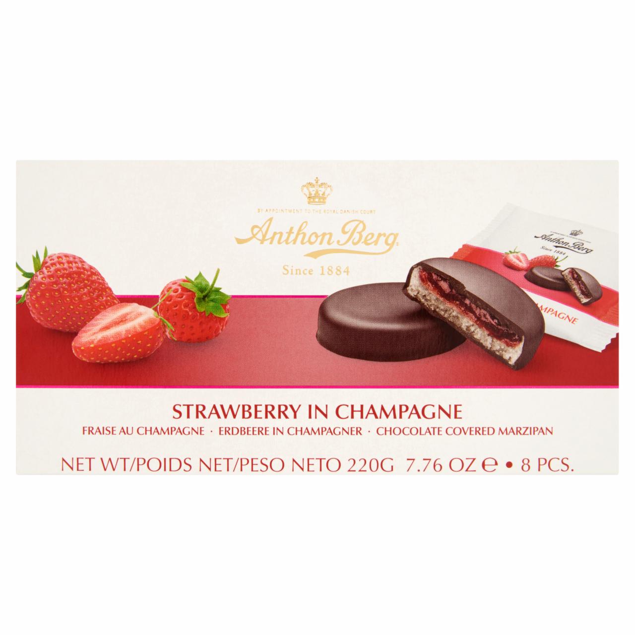 Képek - Anthon Berg csokoládé marcipánnal és pezsgőben lévő eperrel töltve 8 db 220 g