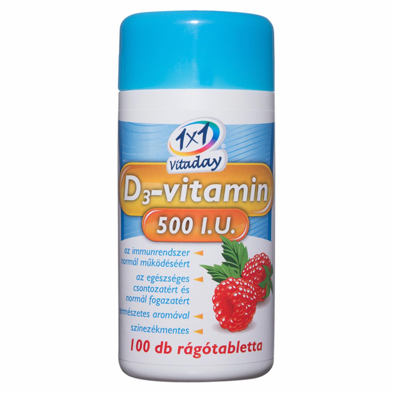 Képek - 1x1 Vitaday D3-vitamin málnaízű étrend-kiegészítő rágótabletta 100 db 48 g