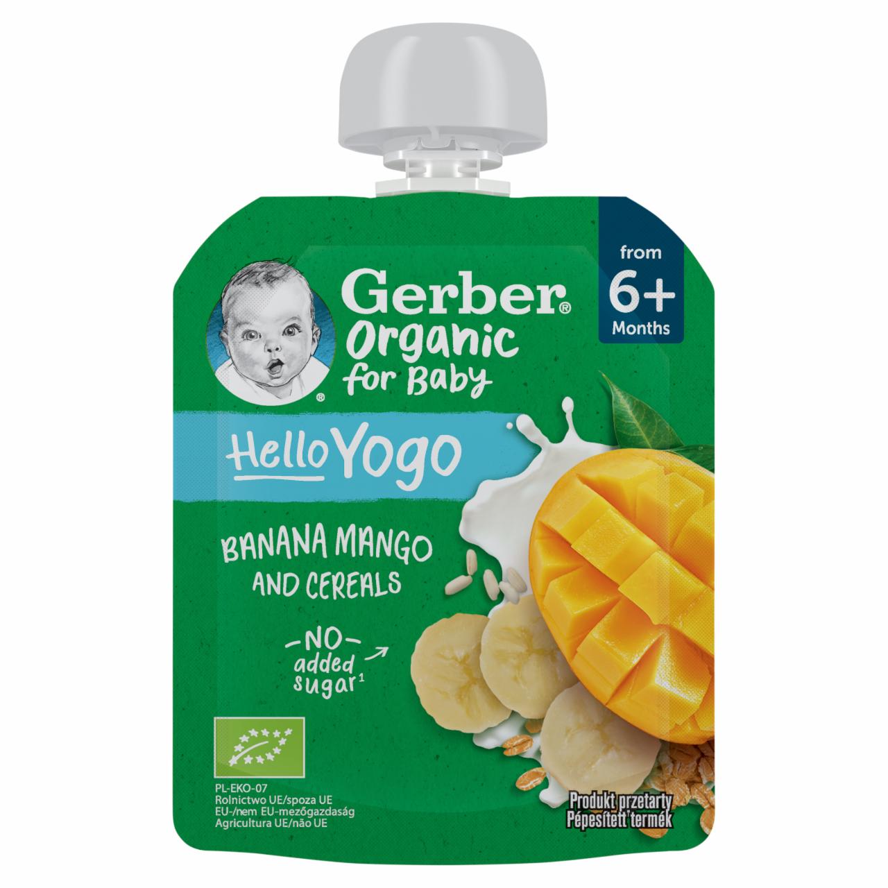 Képek - Gerber Organic for Baby Hello Yogo bio banán-mangó gyümölcspüré gabonával 6 hónapos kortól 80 g