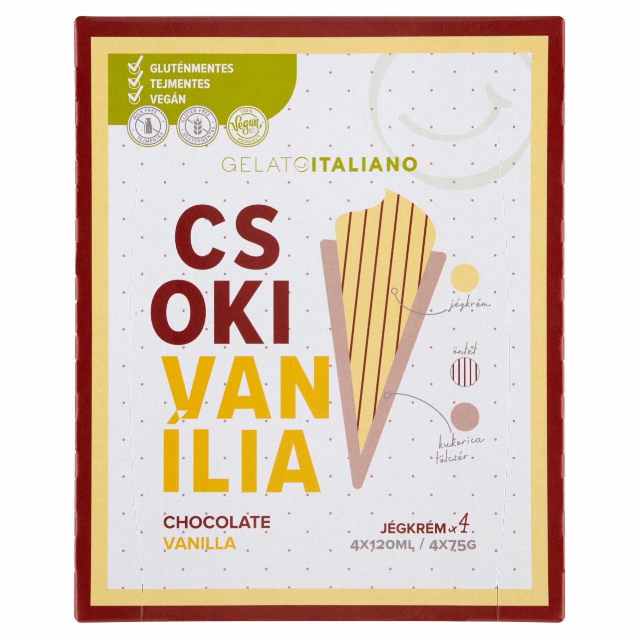 Képek - Gelato Italiano csoki-vanília tejmentes, gluténmentes jégkrém kukoricatölcsérben 4 x 120 ml (480 ml)
