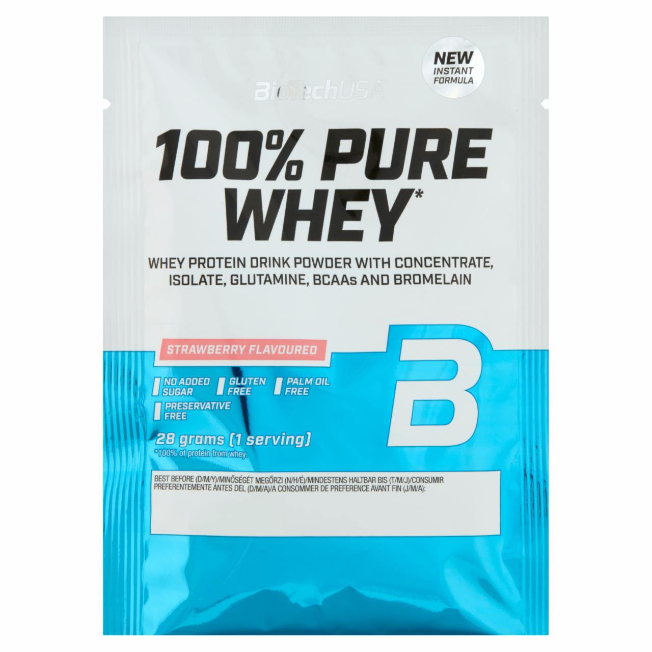 Képek - BioTechUSA 100% Pure Whey eper ízű fehérje italpor, édesítőszerrel 28 g