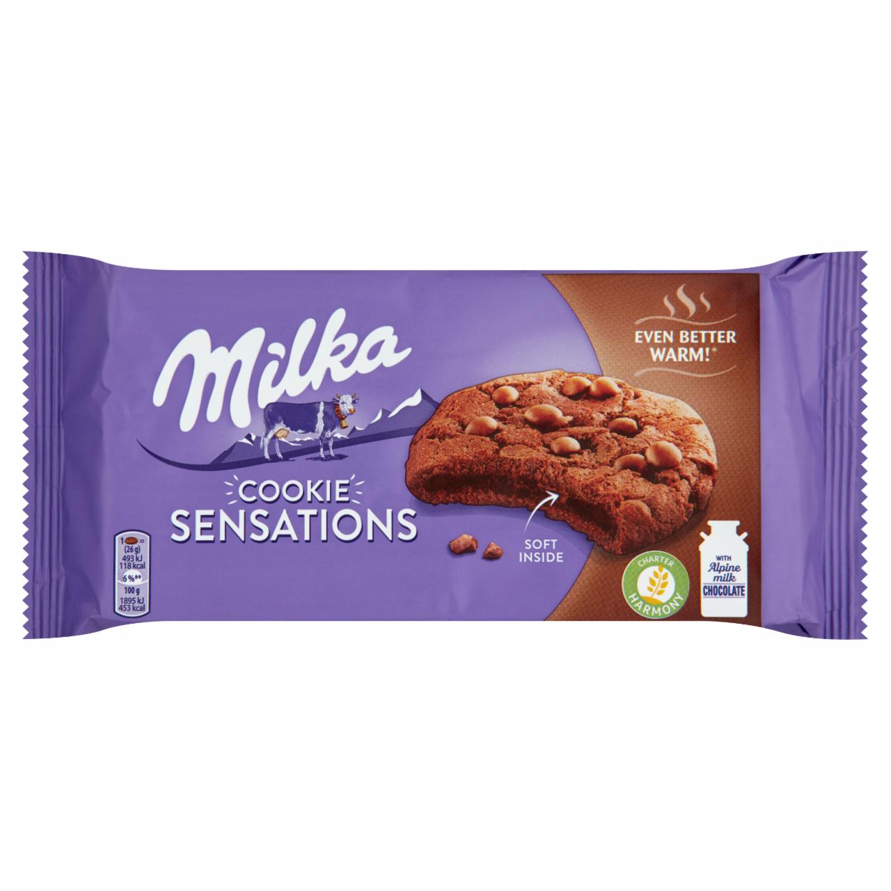 Képek - Milka középen puha kakaós keksz, alpesi tej felhasználásával készült tejcsokoládé darabkákkal 156 g