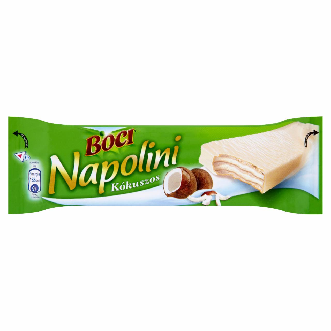 Képek - Boci Napolini fehér csokoládéval mártott, kókuszos krémmel töltött ostya 33 g