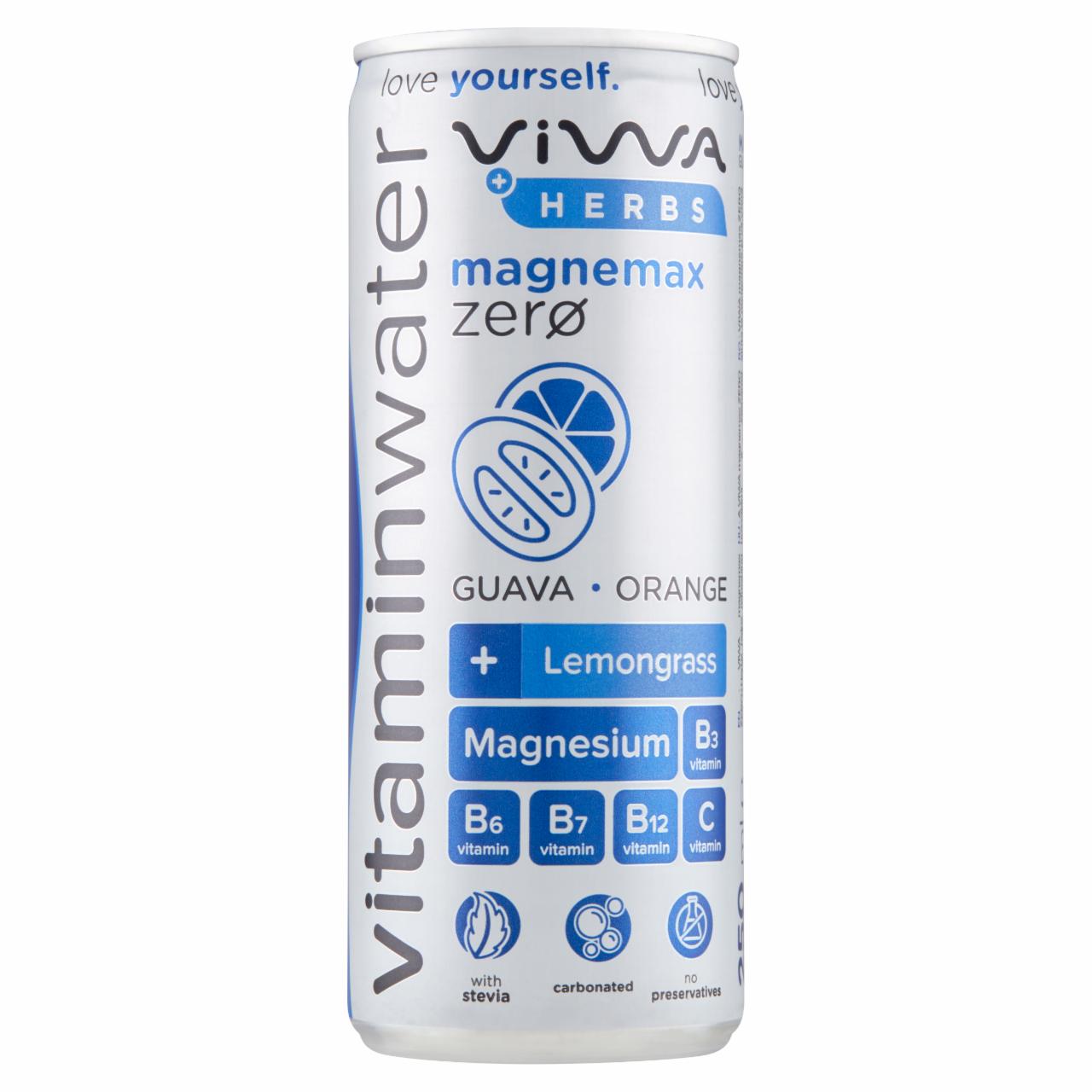 Képek - Viwa Vitaminwater Magnemax Zero + Herbs narancs-guava ízű, energiamentes, szénsavas üdítőital 250 ml