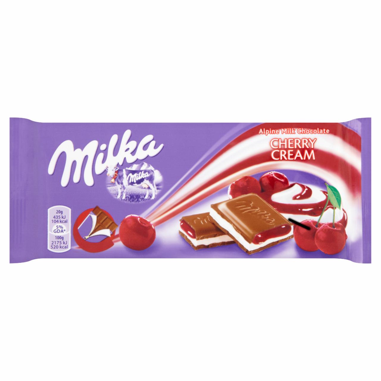 Képek - Milka alpesi tejcsokoládé meggyízű tejszínes krémtöltelékkel és meggyes gyümölcskrémmel töltve 100 g