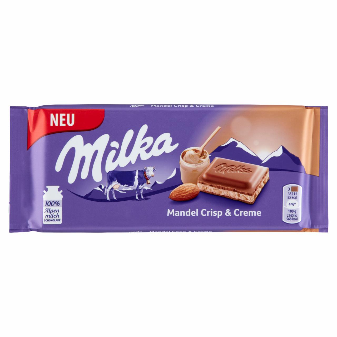 Képek - Milka alpesi tejcsokoládé mandulás krémtöltelékkel és karamellizált, sózott manduladarabokkal 90 g