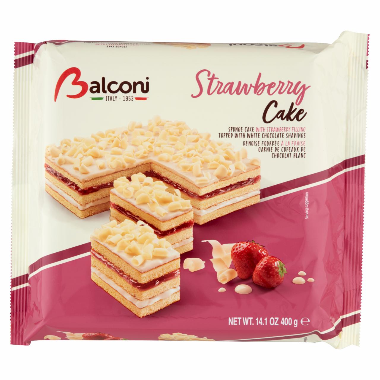 Képek - Balconi Strawberry Cake piskóta torta epres ízű és tejes töltelékkel fehér csokoládéval szórva 400 g