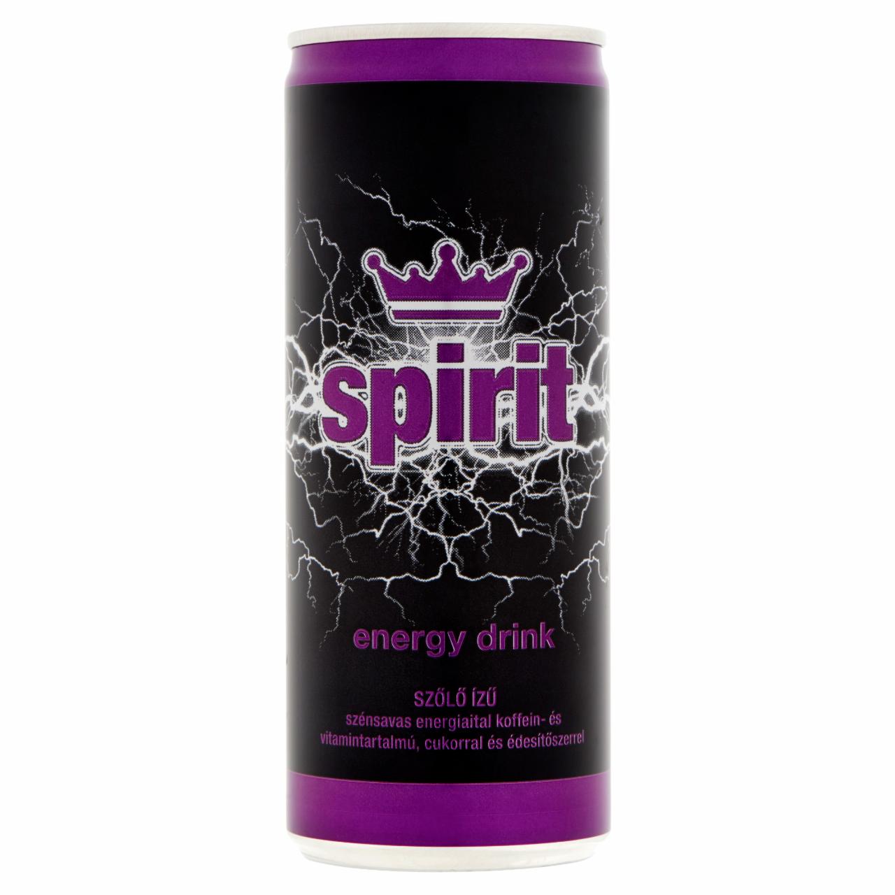 Képek - Spirit koffein tartalmú szőlő ízű szénsavas energiaital cukorral és édesítőszerrel 250 ml