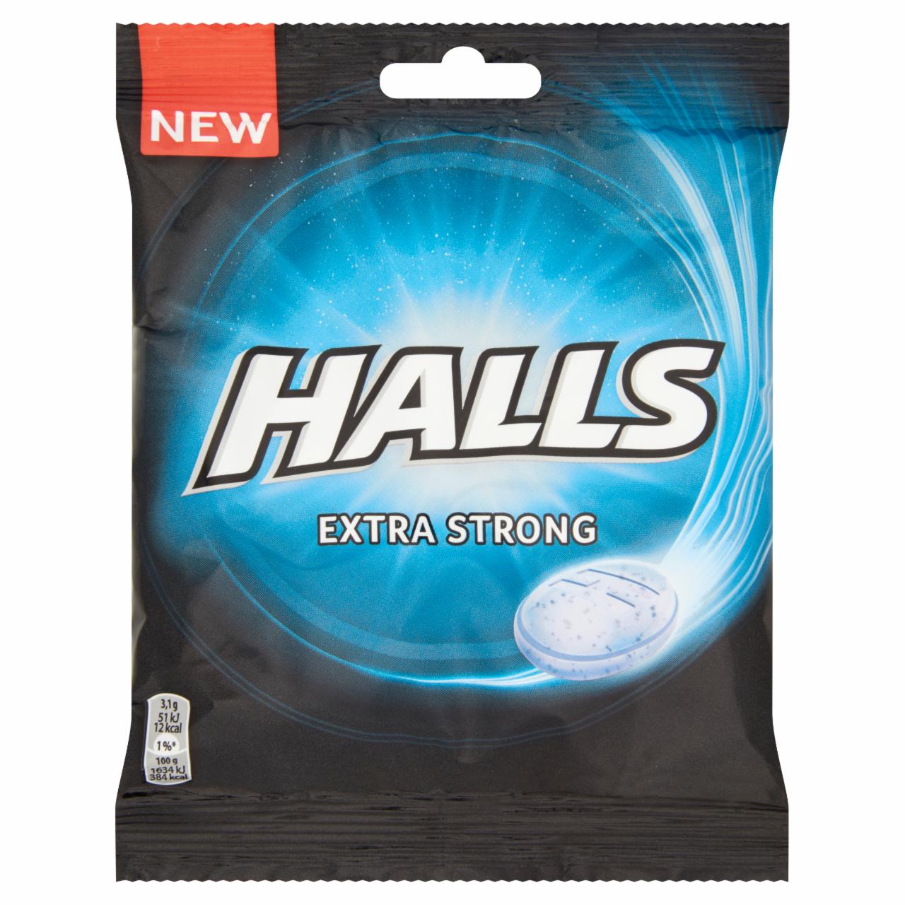 Képek - Halls extra erős, mentol-eukaliptusz ízű, töltetlen keménycukorka 65 g