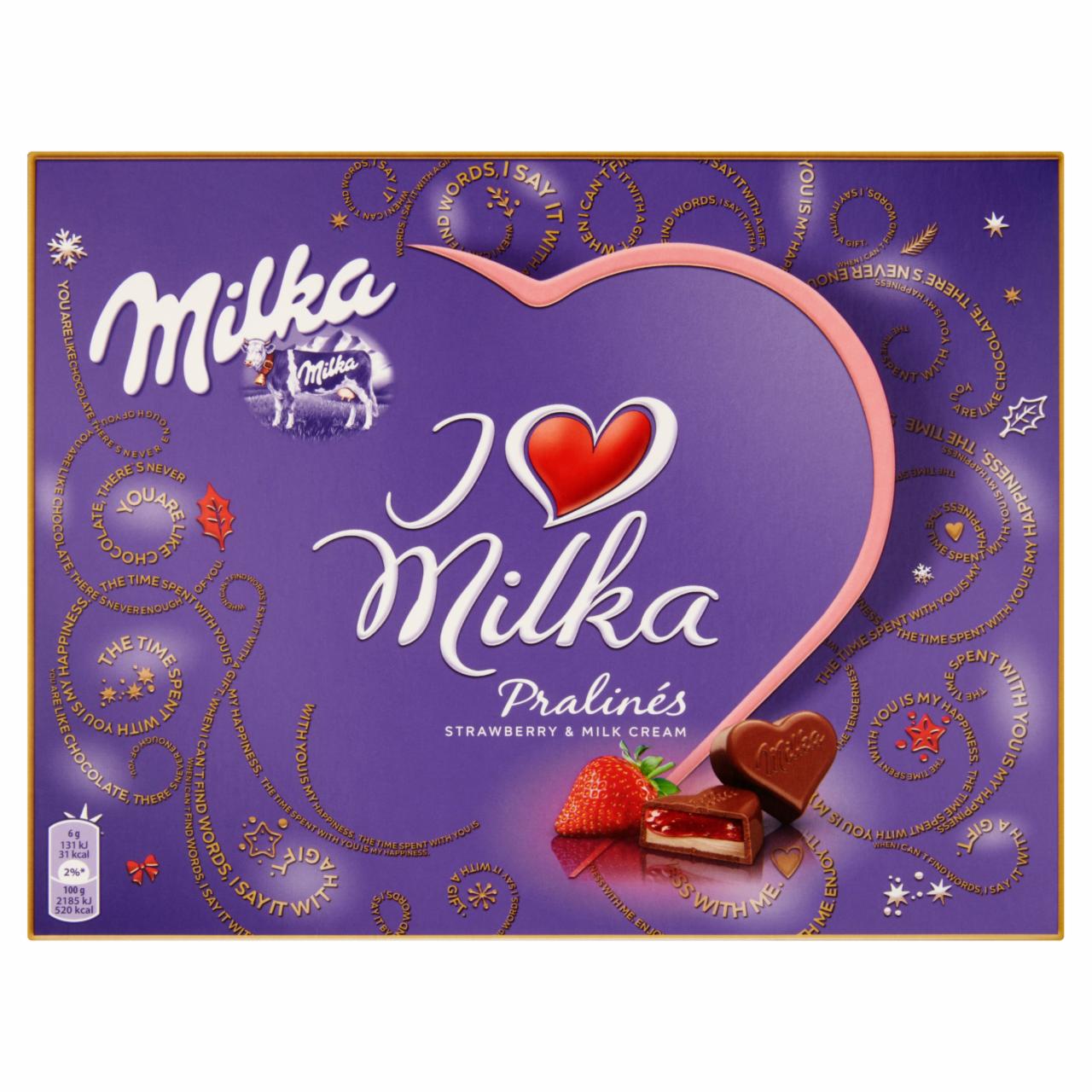 Képek - Milka I Love Milka alpesi tejcsokoládé praliné joghurt ízű tejes krémmel és epres töltelékkel 120 g