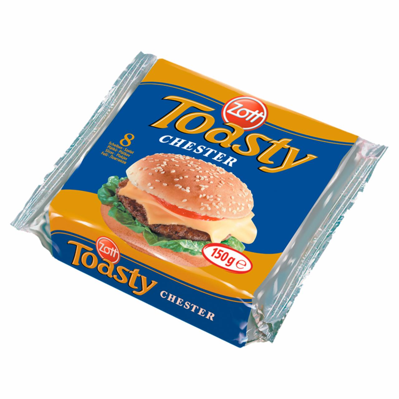 Képek - Zott Toasty Chester szeletelt, cheddar ízű, zsíros ömlesztett sajt 8 x 18,75 g (150 g)