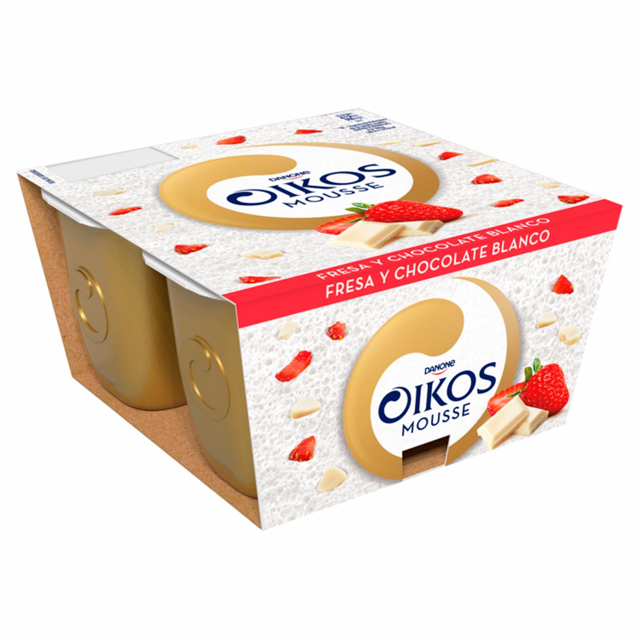Képek - Oikos Mousse Fresa Y Chocolate Blanco tejhab eper és fehércsokoládé darabokkal 4 x 55 g (220 g)