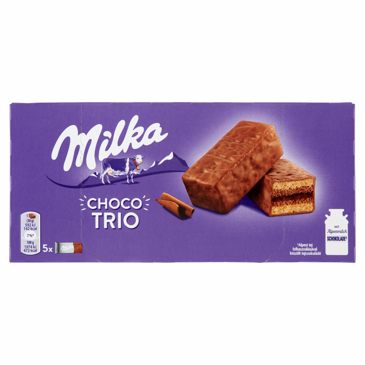 Képek - Milka Choco Trio kakaós krémmel töltött piskóta tejcsokoládéval mártva 5 x 30 g (150 g)