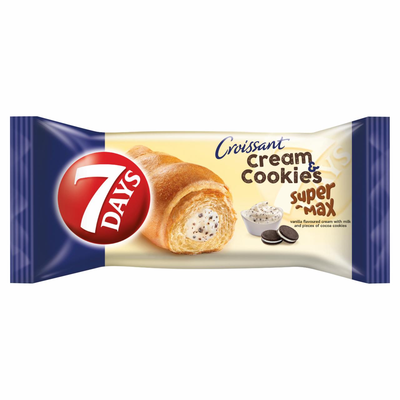Képek - 7DAYS Cream & Cookies Super Max vanília ízű krémmel töltött croissant kakaós keksz darabokkal 110 g