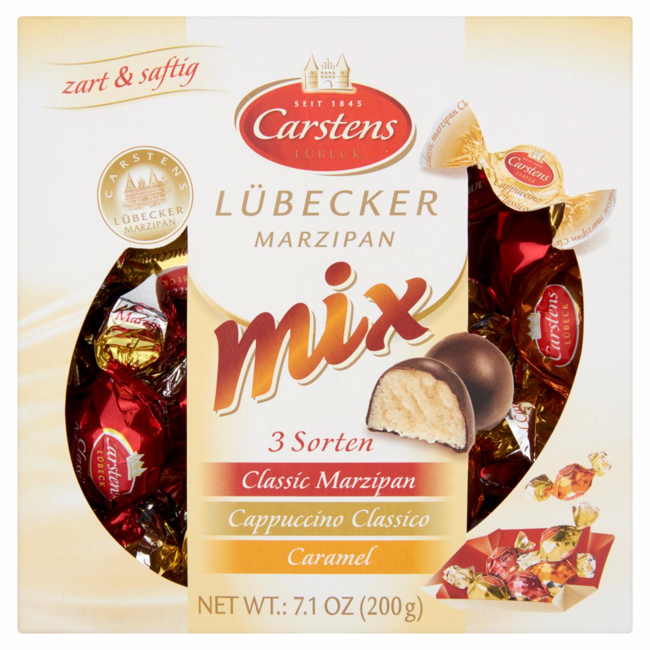 Képek - Carstens lübecki marcipán keverék klasszikus, capuccino- és karamellízekben, étcsokoládéban 200 g