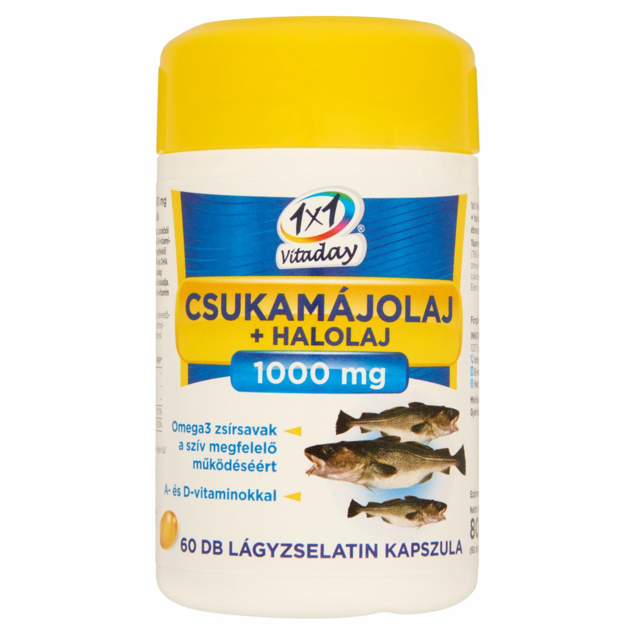 Képek - 1x1 Vitaday csukamájolaj + halolaj étrend-kiegészítő lágyzselatin kapszula 60 db 80,58 g