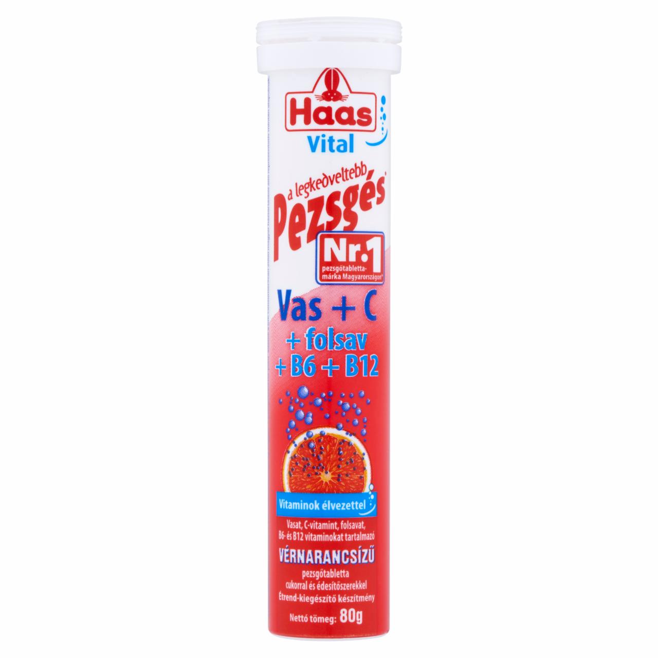 Képek - Haas Vital Vas + C + folsav + B6 + B12 vérnarancsízű étrend-kiegészítő pezsgőtabletta 80 g